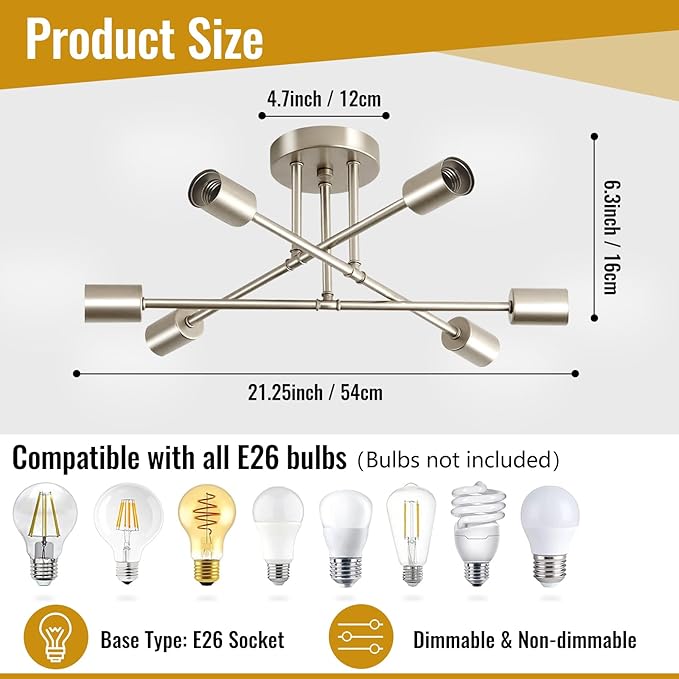Nickle Modern Sputnik Chandelier Ceiling Light Fixture,6-Light Dining Room Light Fixture,Industrial Metal Kitchen Lighting Fixtures Ceiling,Angle Adjustable Semi Flush Mount Ceiling Light for Bedroom