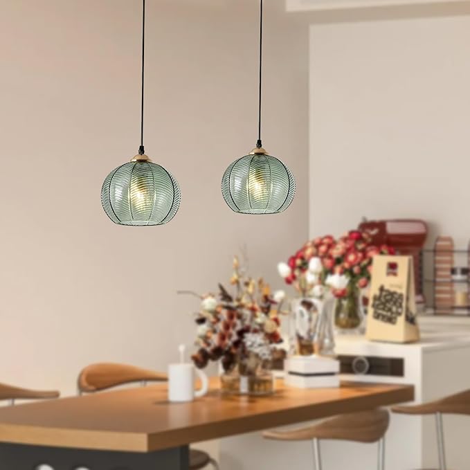 Mid Century Pendant Lamp Green Glass Ceiling Hanging Lamp, Classic Green Glass Globe Shade, Black Pendant Light Fixtures for Kitchen Island Dining Room Bedroom, Set of 2