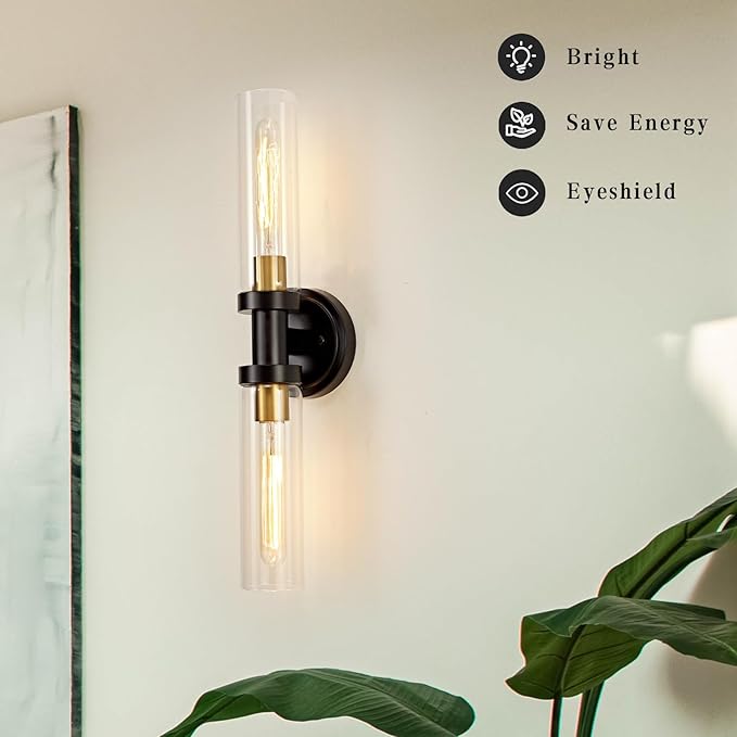 Bathroom Sconces Wall Lighting W/ Clear Glass, 2-Light Bathroom Vanity Light Fixtures, Modern Wall Lights for Mirror Living Room Hallway, Black and Gold Brushed Brass, E26 T10 Bulbs(Excluded)