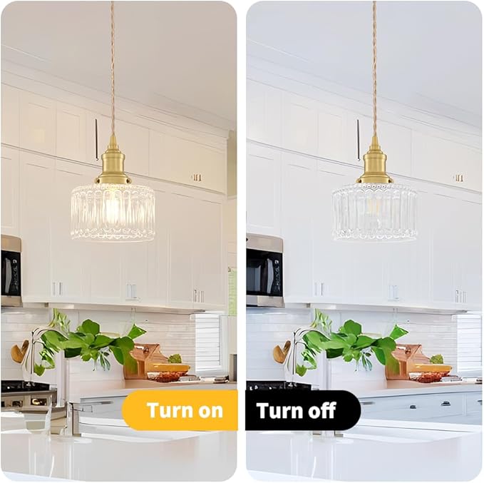 Vintage Pendant Lights for Kitchen with Clear Striped Glass Shade, 6.9 In Brushed Gold Pendant Lights Kitchen Island, Small Kitchen Island Lighting Adjustable Hanging Light for Entrance Hallway