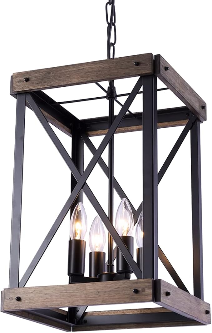 Farmhouse Pendent Lights for Kitchen Island, 4 Lights Rustic Wood Grain Black Cage Hanging Pendant Lamp Fixture for Dining Room Sink Hallway Entryway