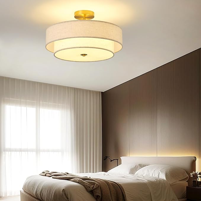 17.7" Semi Flush Mount Ceiling Light Fixtures, Gold Close to Ceiling Light Fixtures with 2-Tier Drum Fabric Lamp Shade, Modern Ceiling Light Fixtures Flush Mount for Bedroom Hallway Nursery