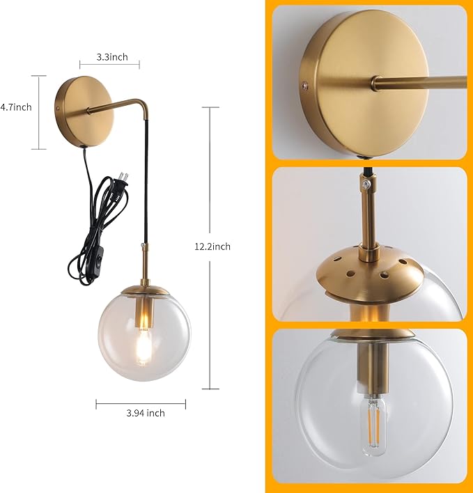 KUZZULL Wall Sconces Set of Two Plug in Wall Sconces Brushed Brass Gold Wall Lamp with Cord Wall Sconce Plug in with Globe Clear Glass Shade Sconces Set of 2 Wall Light Sconce