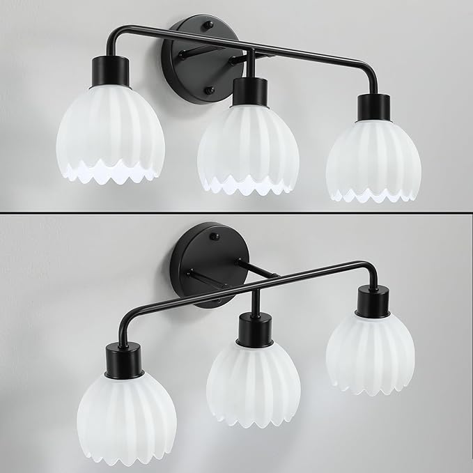 Black 3-Light Vanlity Light Over Mirror,Wall Sconces,Modern Bathroom Light Fixture with Milk White Glass Flower Shade,E26 Socket(Bulbs Not Included)