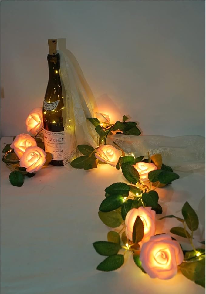 Rose Vine Lights with Remote, Battery or USB Operated Artificial Flower Garland, Hanging Fairy Lights for Bedroom Headboard, Valentine‘s Day, Wedding, Romantic Party Décor (Pink, 9.9)