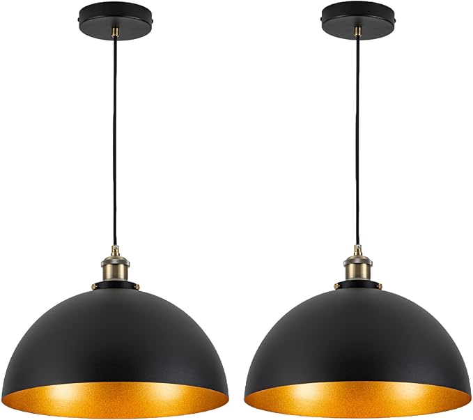 13.78" Modern Industrial Black Pendant Light 2-Pack Vintage Farmhouse Black Gold Pendant Light Fixture Dome Golden Pendant Lights for Kitchen Island, Dining Room, Bedroom, Hallway, Entryway
