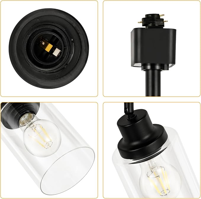 VANoopee H Type Track Lighting Heads E26 Track Light Ceiling Modern for Kitchen, Compatible with H Track Lighting Rail System, Black Track Lighting Fixtures with Glass Lamp Shade, 4 Pack, No Bulbs