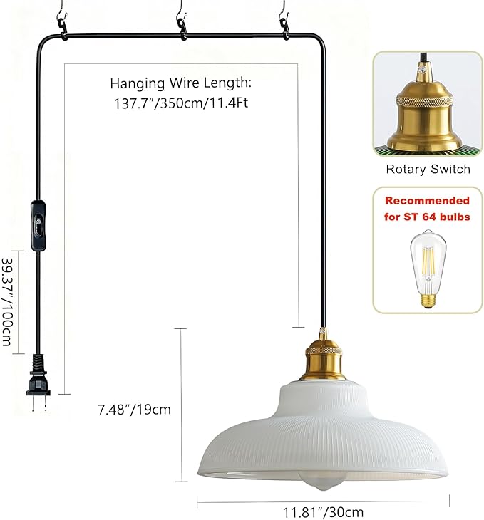 XZHGCEE Plug in Pendant Light: Hanging Light Plug in Milk Glass Hanging Lamp, Pendant Lighting for Kitchen Island, Bedroom, Dining Room, Living Room, No Bulb