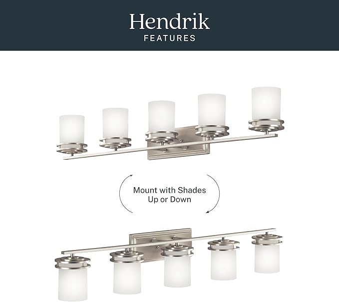Kichler Hendrik 43" Vanity Light in Brushed Nickel, 5-Light Modern Bathroom Vanity with Satin Etched Cased Opal Glass, (43" W x 7.75" H), 5085NI