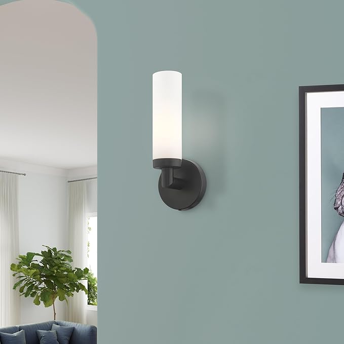 Livex Lighting 10103-04 Aero Collection ADA 1-Light Wall Sconce Light with Satin Opal White Glass Cylinder Shade, Black, 4.25 x 11
