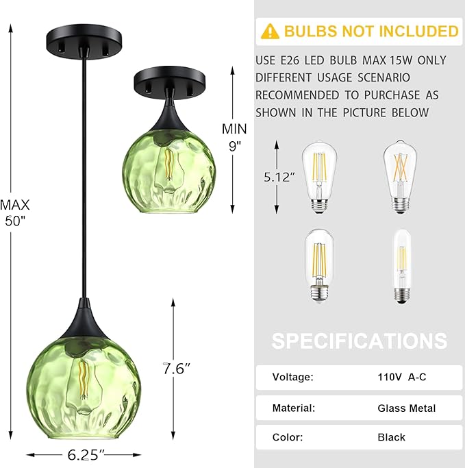 3 Pack 6.3" Hammer Green Glass Pendant Ceiling Light Fixtures Black Finish Modern Farmhouse Dinning Over Sink Adjustable Height Cord