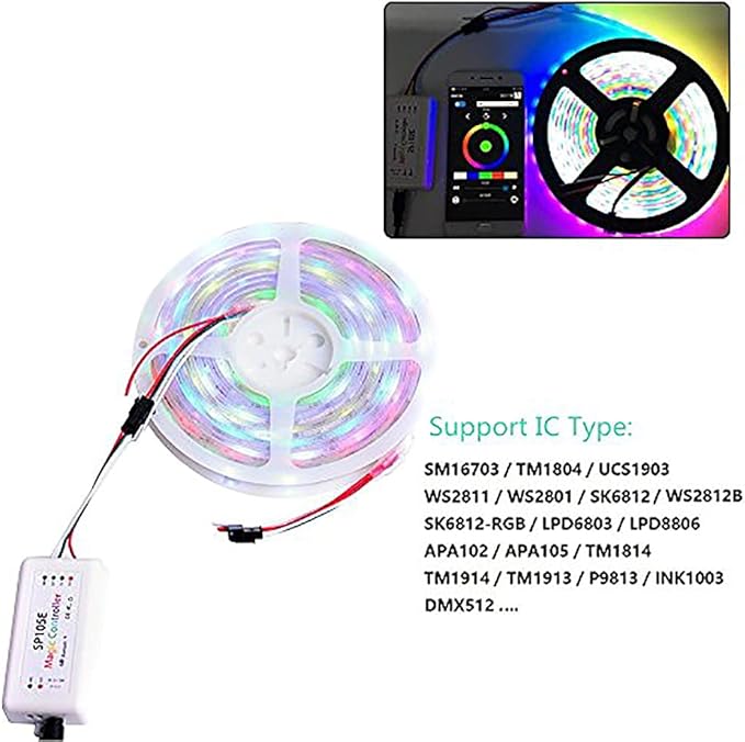 RGBZONE SP105E Bluetooth LED Controller, Smart APP Control, Music Sync for WS2811 WS2812B WS2815 WS2813 WS2801 SK6812 WS2815 SK9822 APA102 etc LED Strip Pixel Fairy String Module Panel Light