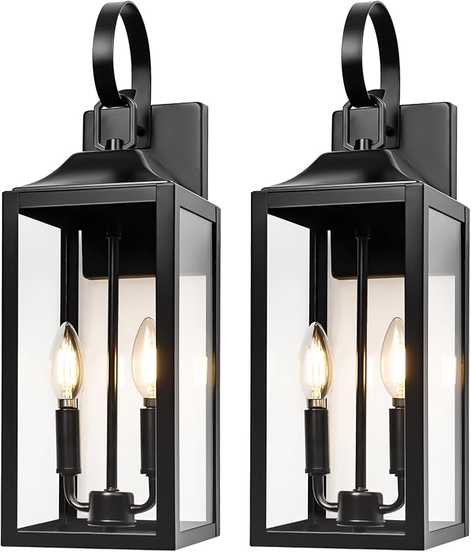 19" Large Outdoor Wall Lights - Black Outside Wall Mounted Light Fixture, Exterior Lighting Fixtures Farmhouse Outside Wall Sconce Lantern 2-Light, Modern Porch Lights for House, 2 Pack
