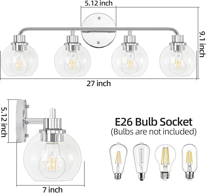 Bathroom Light Fixtures Chrome Vanity Light 27 Inch Silver 4 Light Modern Wall Sconces Lighting Bathroom Lights with Globe Glass Shades Bath Wall Lights for Mirror Kitchen Living Room Hallway