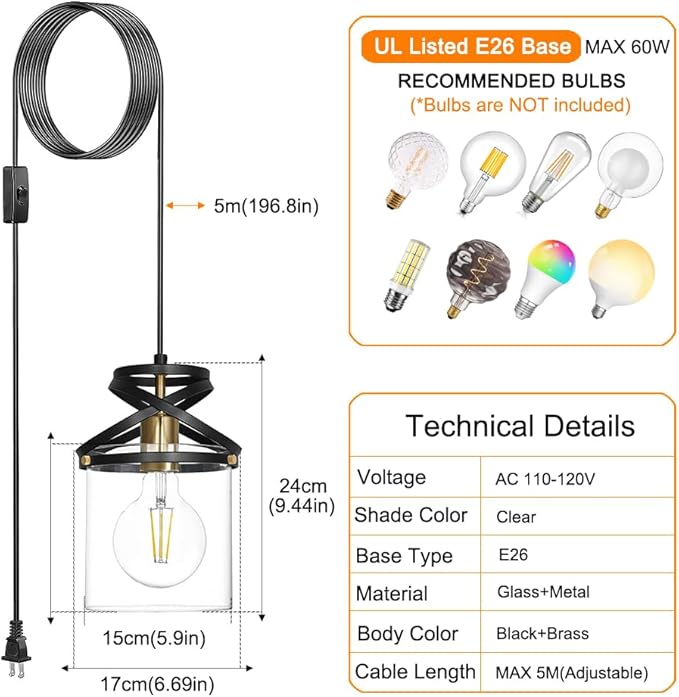 Modern Black and Gold Plug in Hanging Lamp - 16.4ft Adjustable Corded Pendant Light with 5.9" Clear Glass Shade - Kitchen Island & Sink Lighting for Farmhouse Living Room, Bedroom, Dining Room Fixture