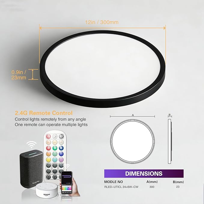 Smart Ceiling Light 12 Inch - RGB Rear Color, Living Room Lighting fixtures Ceiling, Black, 2-Pack