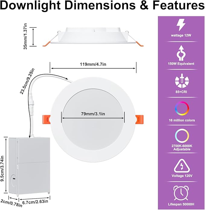 SikSog 24Pack Smart Recessed Lighting 4 Inch RGBCW Color Changing 12W LED Downlight with Junction Box,1080 Lumen Recessed Ceiling Light Compatible with Alexa,Dimmable by Bluetooth Control