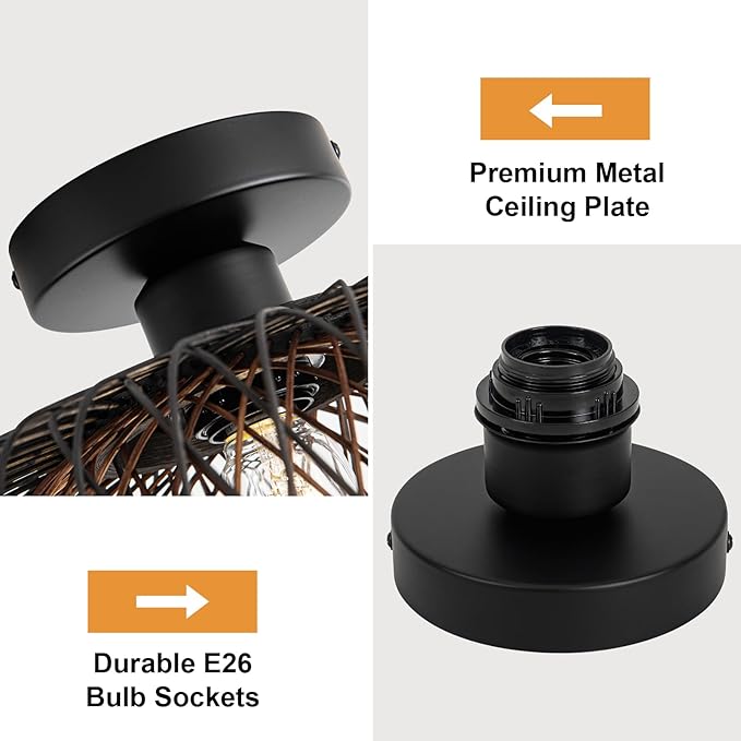 13" Black Boho Rattan Ceiling Light - Handwoven Bamboo Shade, Matte Black Base, Flush Mount Farmhouse Lighting for Bedroom, Living Room (Brown Interior, E26)
