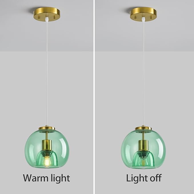 Light Green Glass Pendant Lights Kitchen Island Gold Hanging Light Fixture Glass Globe Pendant Light Modern Pendant Lighting for Kitchen Island Bedroom Dining Room (7.87", 2 Pack)