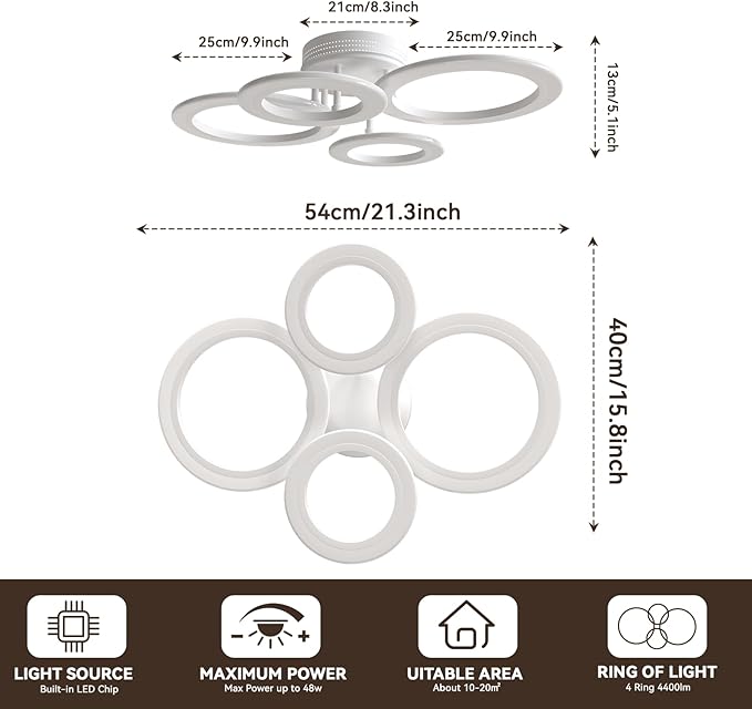 48W LED Ceiling Light, 2800K-7000K Dimmable Kitchen Light Fixtures, White 4 Arylic Ring Flush Mount Lights for Living Room, Round Chandeliers Lampara de Techo for Bedroom, Small Room