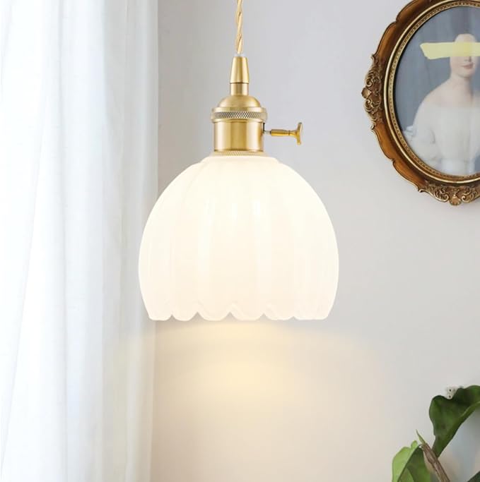 Mini Pendant Lights Kitchen island 2 Pack, Small Adjustable Pendant Light Fixture with Milk White Tulip Glass Lampshade, Vintage Gold Pendant Lighting, Pendant Light for Bedroom Dining Room Hallway