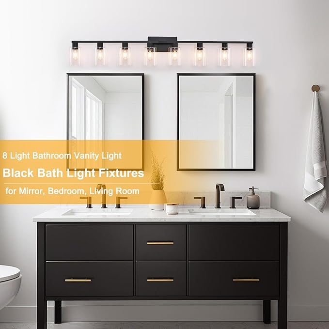 8-Light Black Vanity Light Fixtures,50" Bathroom Light Fixtures Clear Glass ShadeRust and Moisture Resistant Easy to Install Vanity Lights for Luxury Bathroom Light Over Mirror