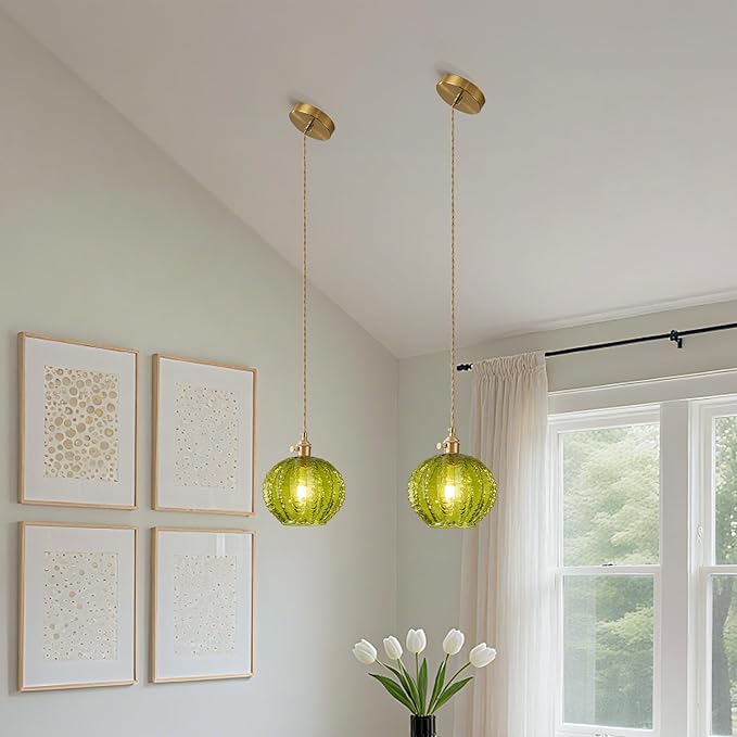 Green Glass Pendant Light Vintage Large Gold Globe Fixtures Mid Century Modern Pendant Lights Hanging Light Fixture Suitable for Kitchen Island Dining Room Foyer Above Sink Bathroom Bedroom