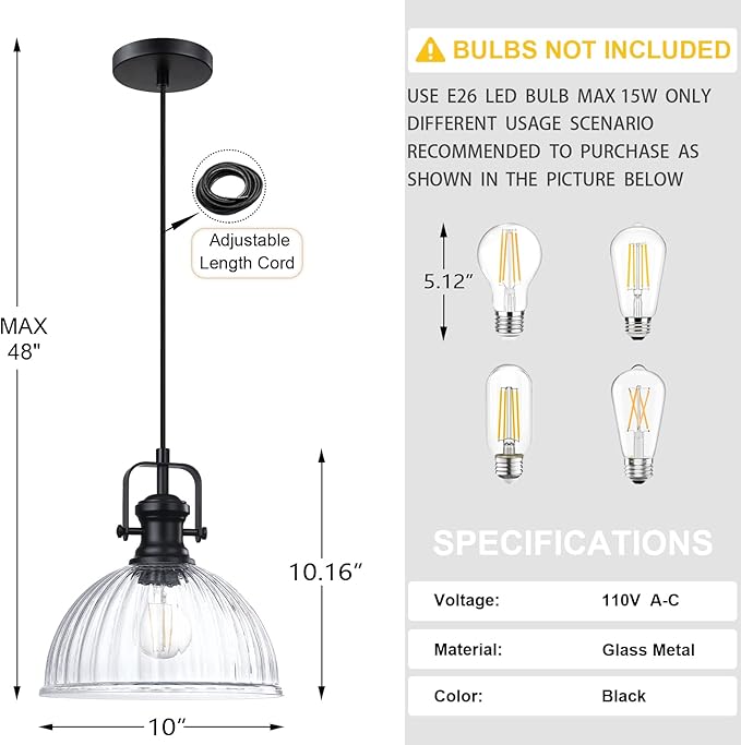 Leading Lighting 1 Light Pendant Light Hanging Modern Farmhouse Indoor Fixture 10" Clear Textured Glass Black Finish Dinning Over Sink Kitchen Island