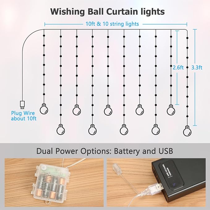 Wishing Ball Curtain Lights Battery Operated, 10ft x 3.3ft Warm White & Multicolor Fairy String Lights Curtain, Timer & IR Remote for Bedroom Backdrop Indoor Outdoor Christmas Party Decor