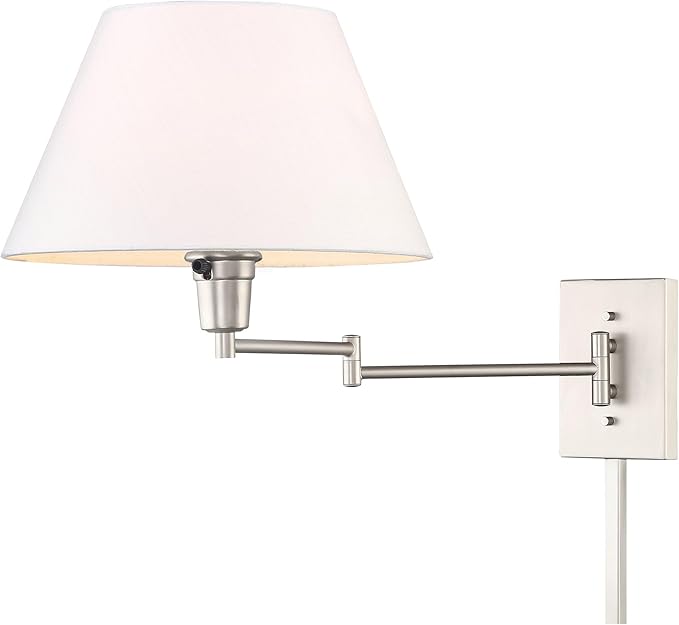 Kira Home Cambridge 15" Modern Swing Arm Wall Sconce with White Empire Fabric Shade, 2-in-1 Plug in or Hardwired Wall Lamp with 3-Way Switch, Satin Nickel Finish