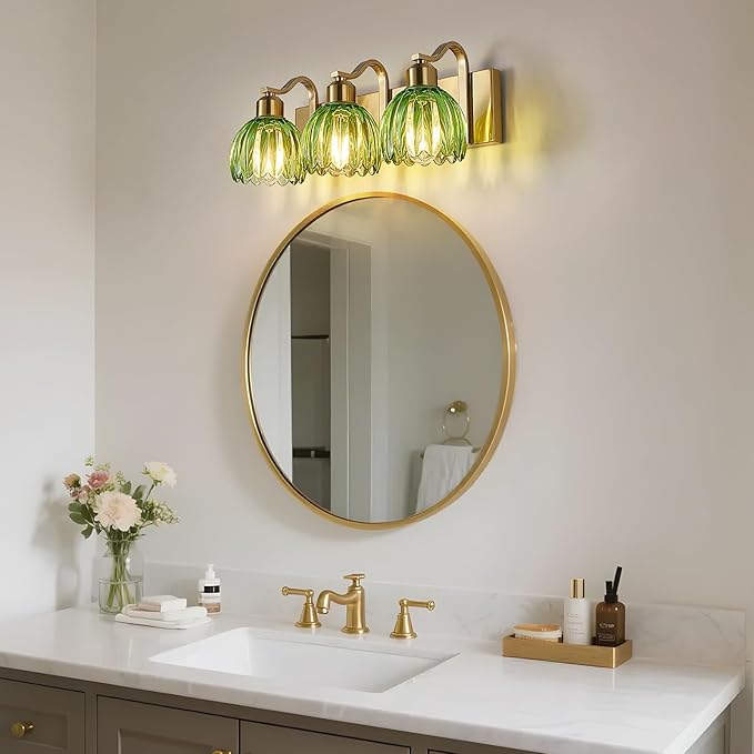 3-Light Vanity Lights with Green Tulip Glass Shade, Gold Bathroom Lighting Fixture Over Mirror, Vintage Vanity Wall Sconce Lamp for Kitchen Living Room Hallway