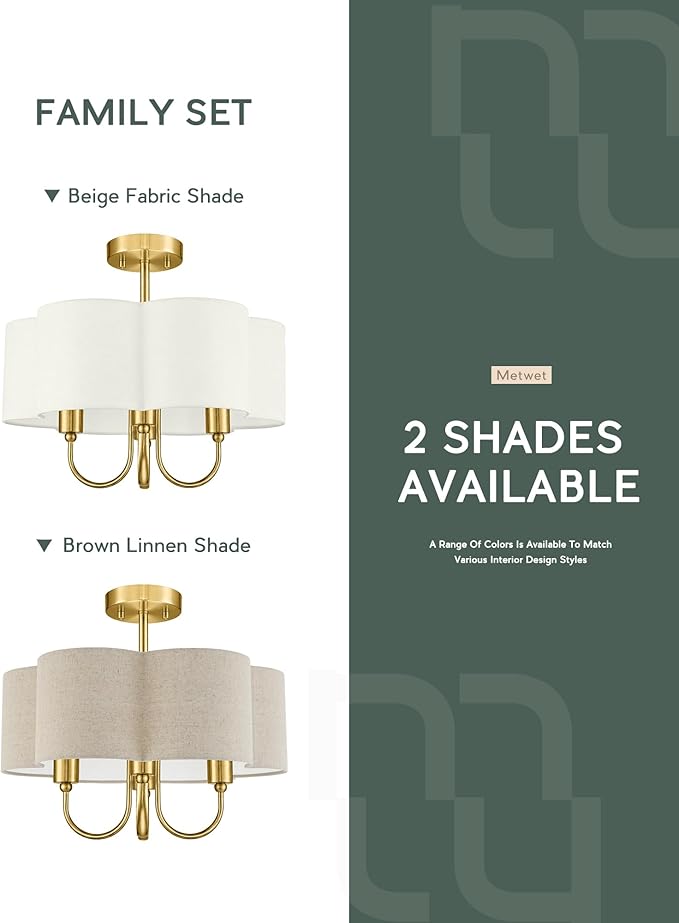 Gold Semi Flush Mount Ceiling Light, 18" 4-Light Light Fixtures Ceiling Mount with Beige Petal Fabric Shade for Kitchen Nursery Entryway Hallway Bedroom, E26 Base, SM179-BG-B-6
