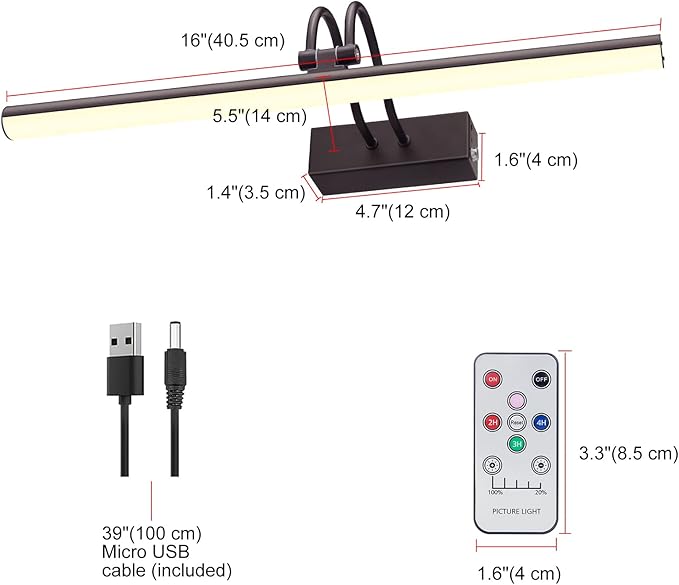 Picture Light, 16inch Cordless Picture Lights for Wall with Timer and Dimmable, Battery Operated Wall Lights for Display Gallery Painting Art Frame Portrait - Bronze, Full Metal Construction