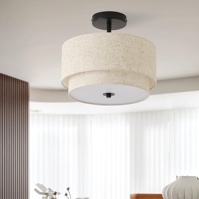 12.6" Flush Mount Ceiling Light Fixture, Black 3-Light Modern Ceiling Light with Fabric Shade in Double Drum-Shape for Bedroom Nursery Living Room Kitchen Island(2-Tier Black)