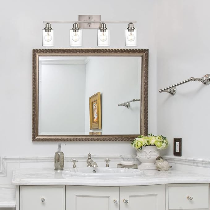 VINLUZ Industrial Brushed Nickel Wall Sconce with Clear Glass Shade and Metal Base,4 Light Bathroom Vanity Lighting Fixture Over Mirror for Dressing Table