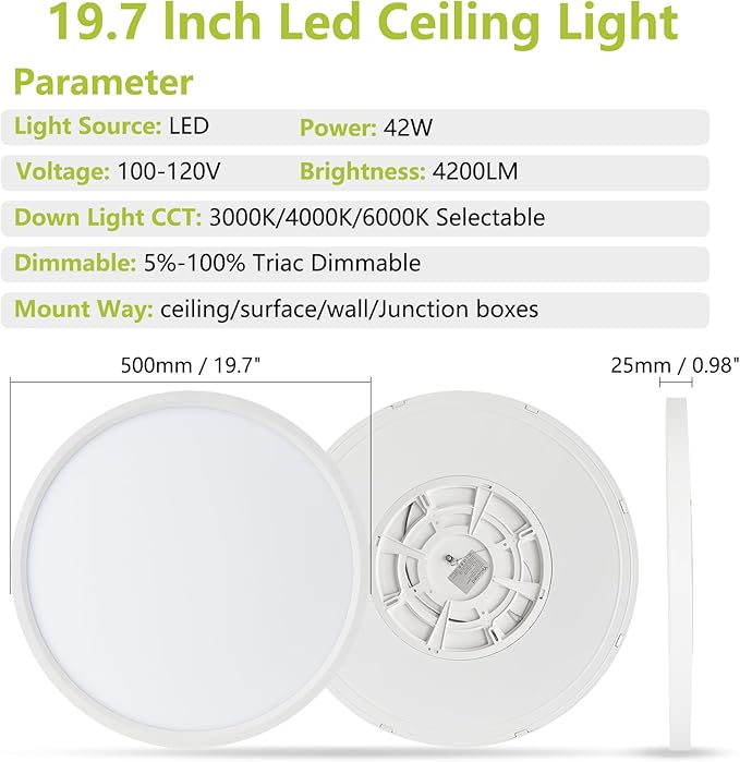 20 Inch 4200LM Large LED Flush Mount Ceiling Light with Remote Control, 42W Dimmable & 2700K-6500K Adjustable, Slim Ceiling Fixtures for Bedroom Workshop Office Apartment, White
