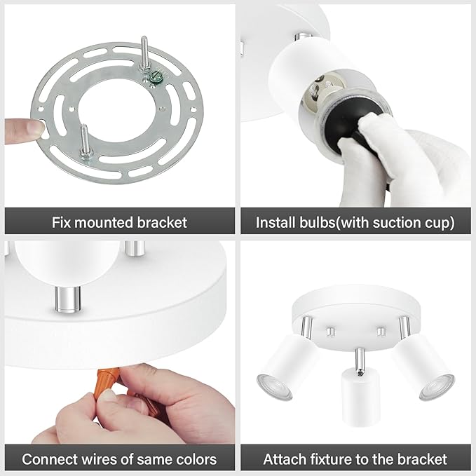 3 Light Track Lighting Fixtures Ceiling, Matte White Round Directional Ceiling Spotlight, GU10 Flush Mount Track Fixture, Adjustable Modern LED track Lights for Kitchen/Living Room, Bulb Not Included