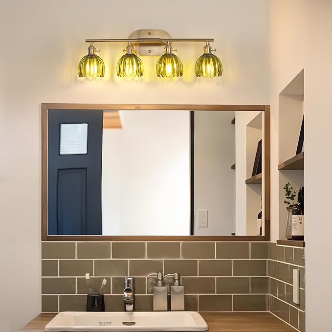 Shenmoyl Bathroom Light Fixtures, 4-Light Brass Vanity wall Light Over Mirror with Green Tulip Glass Shade for Bedroom Living Room (Bulb Not Included)