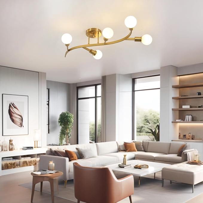 Gold Modern Sputnik Ceiling Light Fixture 5-Lights,Mid Centur Minimalist Semi Flush Mount Sputnik Chandelier for Living Room,Dining Room,Bedroom,Hallway,Kitchen(Bulbs Not Included)