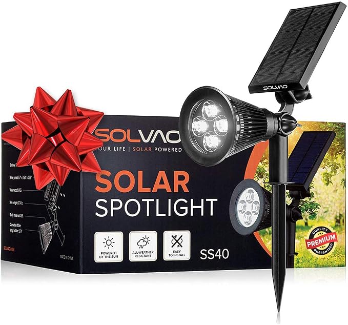 SOLVAO Solar Spotlight | 200 Lumen Ultra Bright | Waterproof, Adjustable 270° | Flag Pole, Outdoor, Landscape, Yard, Driveway | Auto On/Off | No Wiring Required