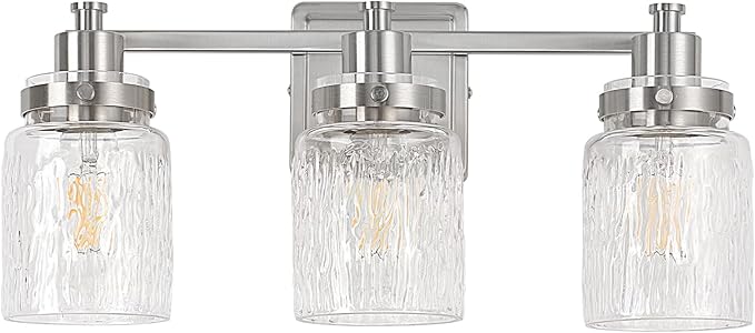 3 Lights Bathroom Light Fixtures Farmhouse Brushed Nickel Vanity Lights for Bathroom Lighting Fixtures Over Mirror with Hammered Glass Lampshade for Cabinet Mirror Bedroom Hallway