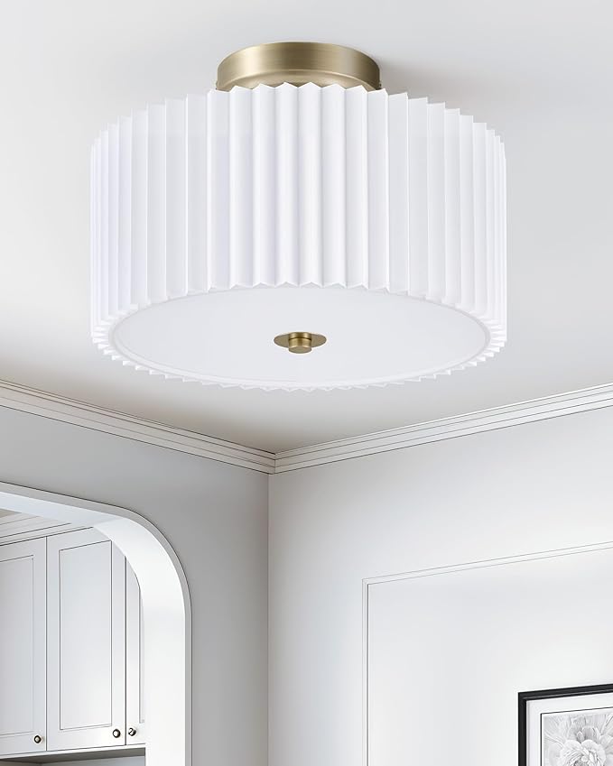 VONLUCE Semi Flush Mount Ceiling Light, 12.2" Ceiling Light Fixture with Pleated Shade, 2-Light Modern Drum Light Fixture for Bedroom Living Room Entryway Hallway, White Shade & Bronze Finish
