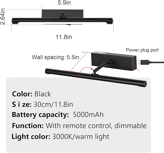 Picture Light for Wall Battery Operated, 12" Rechargeable Art Light with Remote and Timer for Painting, 3 Color Temps, Wireless Wall Light for Display, Artwork, Portrait, Gallery, Black