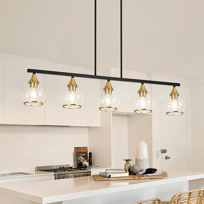 Island Light for Kitchen, 5-Light Black Kitchen Island Linear Hanging Pendant Chandeliers, Black and Gold Dining Room Light Fixture Over Table with Clear Round Glass Shades