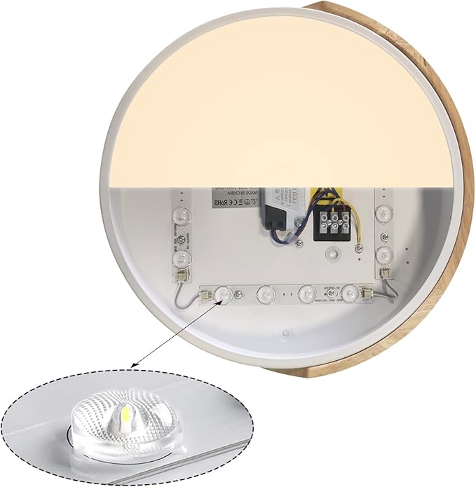LED Ceiling Lights, 12 Inch White Modern Flush Mount Lighting Fixture,Round Shaped Wood Ceiling Lighting,30W,3000K Warm Light