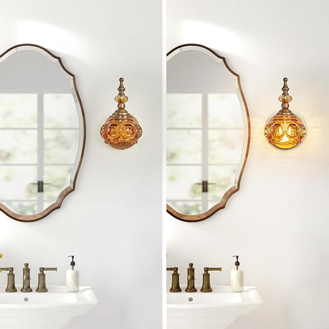 Vintage Wall Sconces with Amber Rose Glass Lampshade Bathroom Sconces Modern Wall Lighting Fixture for Bedside Bedroom Doorway