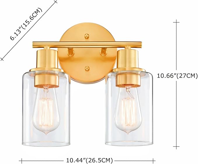 WISBEAM 2-Light Bathroom Vanity Light, Gold Bathroom Light Fixture Over Mirror with Clear Glass Shade Including E26 Medium Base, Bulb NOT Included, Brass Vanity Light Fixture