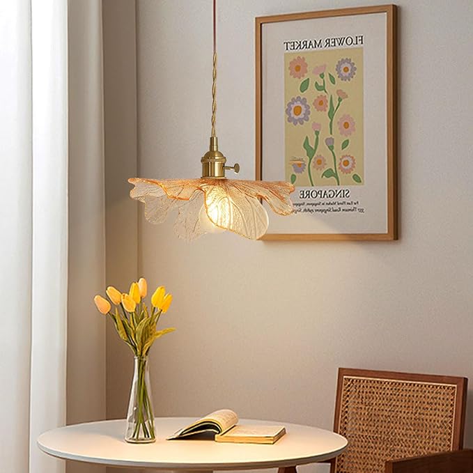Mid Century Modern Pendant Light Glass Pendant Lights with Hand Blown Amber Glass Shade Brass Pendant Light Farmhouse Gold Adjustable Hanging Light for Kitchen Dining Room Bedroom