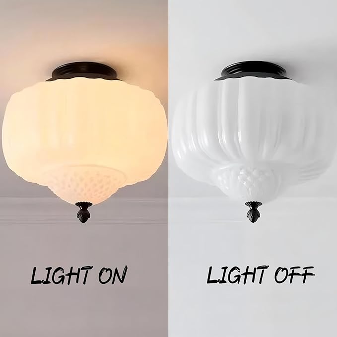 LIGHTLAND Milk Glass Ceiling Light, 13.8 Inch Mid Century Semi Flush Mount Ceiling Light Fixture, Vintage Chandelier for Bedroom, Living Room, Dining Room, Hallway (Style A, White)