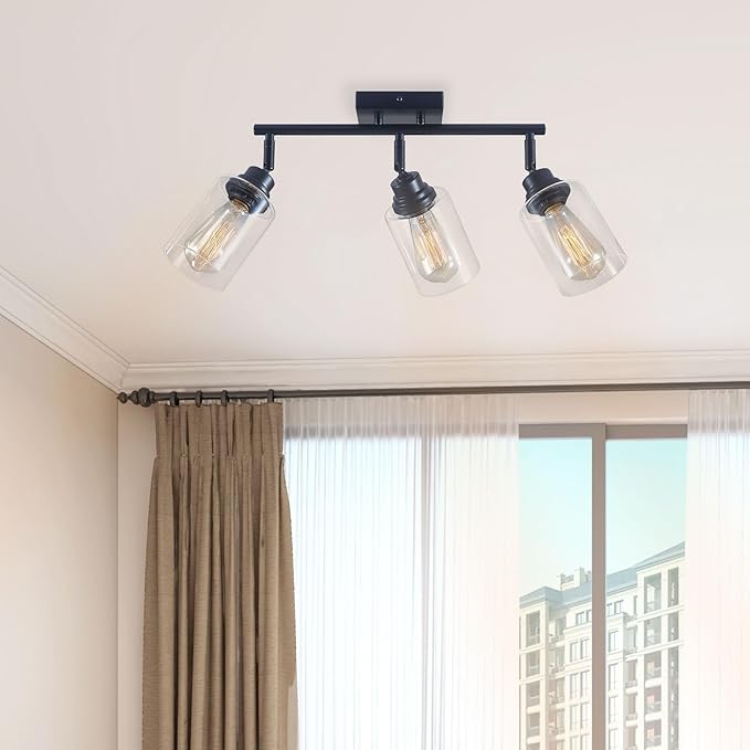 Modern 3-Light Track Lighting Fixtures Ceiling, Light Fixtures Ceiling Mount with Clear Glass Shades, Matte Black Kitchen Ceiling Light Fixtures for Bedroom, Living Room & E26 Base